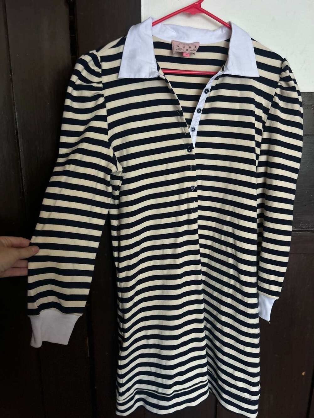 Buru Striped Rugby Dress Size M Black White Collar Puffed Sleeves